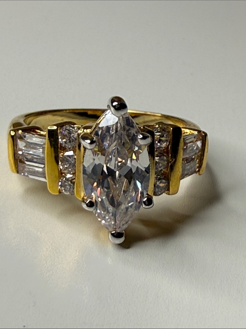 Vintage old stock gold -Tone Marquise Cubic Zirconia Statement Ring - Clear Sz 7